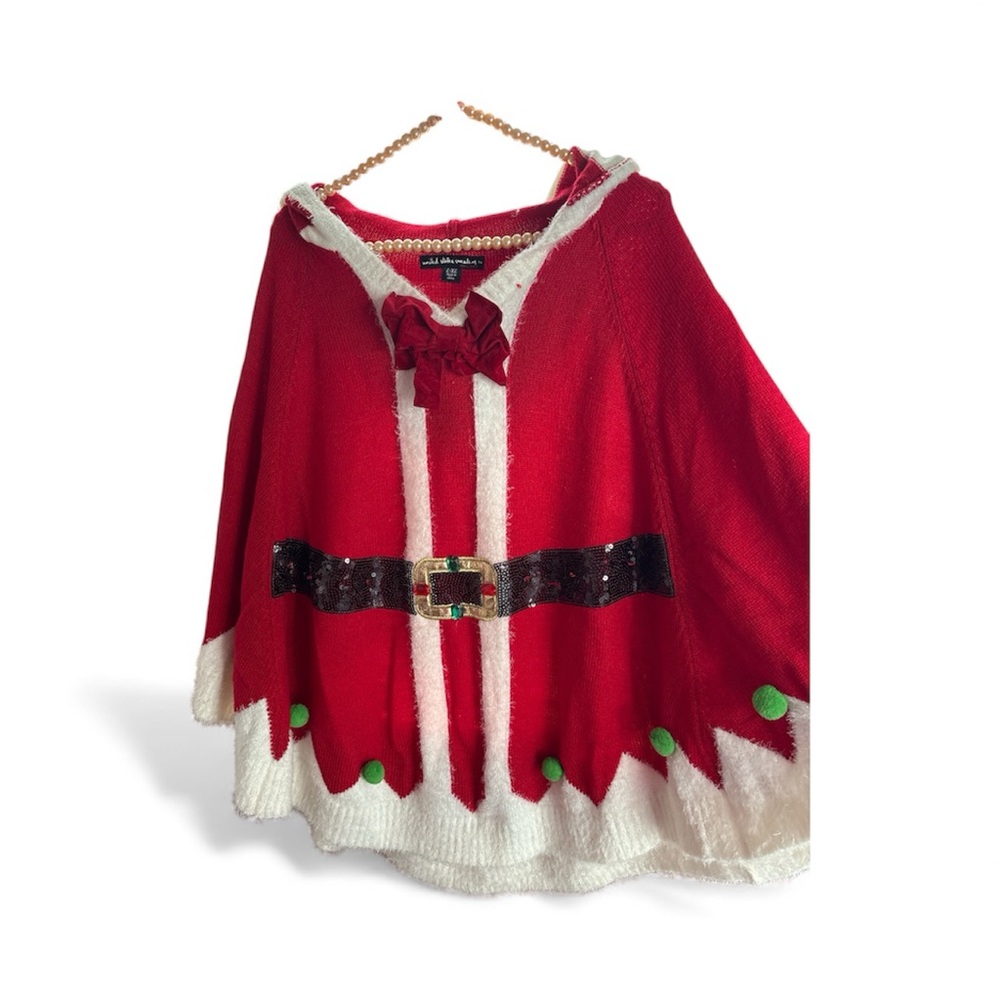 Christmas One of a kind Festive Red and White Cape/ poncho. With hood